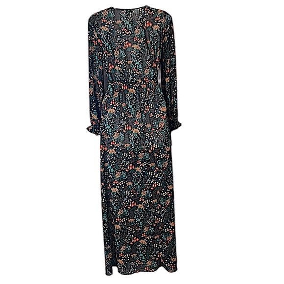 Sheer Maxi Long Sleeve Deep V Neck Floral Bohemian Boho Dress Sz S - Picture 3 of 7